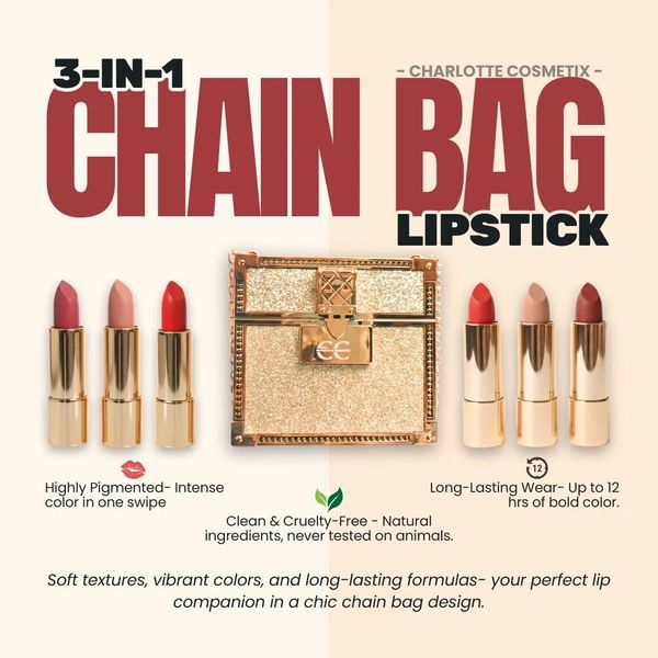 3-in-1 Chain Bag Lipstick by Charlotte Cosmetix with vibrant colors and long-lasting wear.