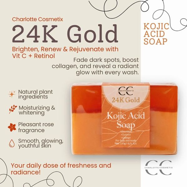 24K Gold Kojic Acid Soap brightens and rejuvenates skin with natural ingredients and a rose fragrance.