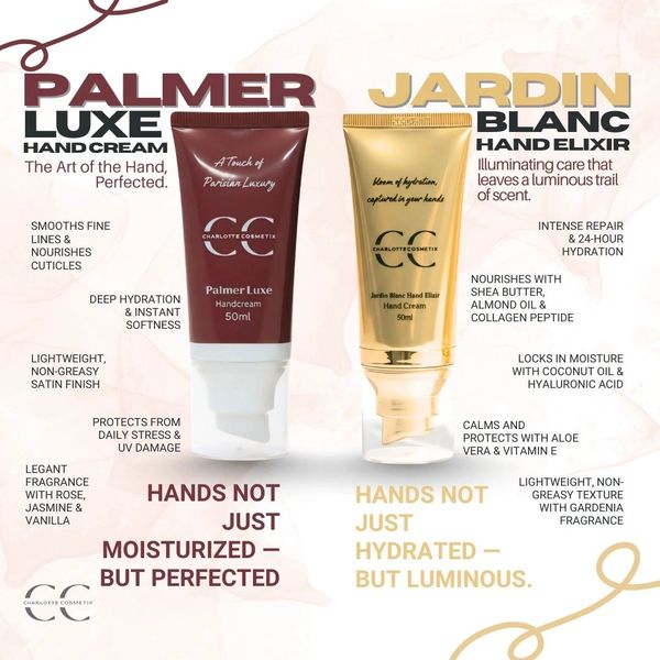 Charlotte Cosmetix Palmer Luxe and Jardin Blanc hand creams offer deep hydration, protection, and luxurious fragrances.