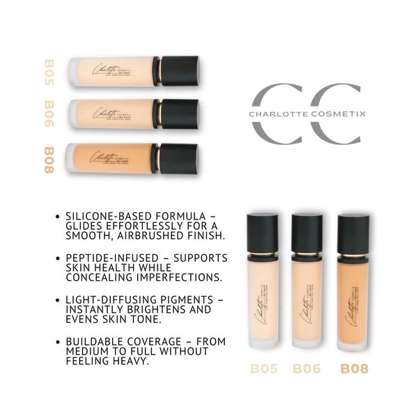 Charlotte Cosmetix foundation in shades B05, B06, B08 with key benefits listed.