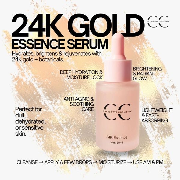 24K Gold Essence Serum hydrates, brightens, and rejuvenates with gold and botanicals.