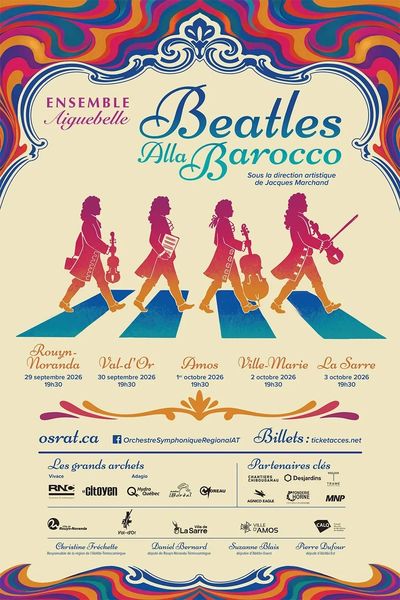 Affiche colorée pour un concert Beatles Alla Barocco par l'Ensemble Aiguebelle.