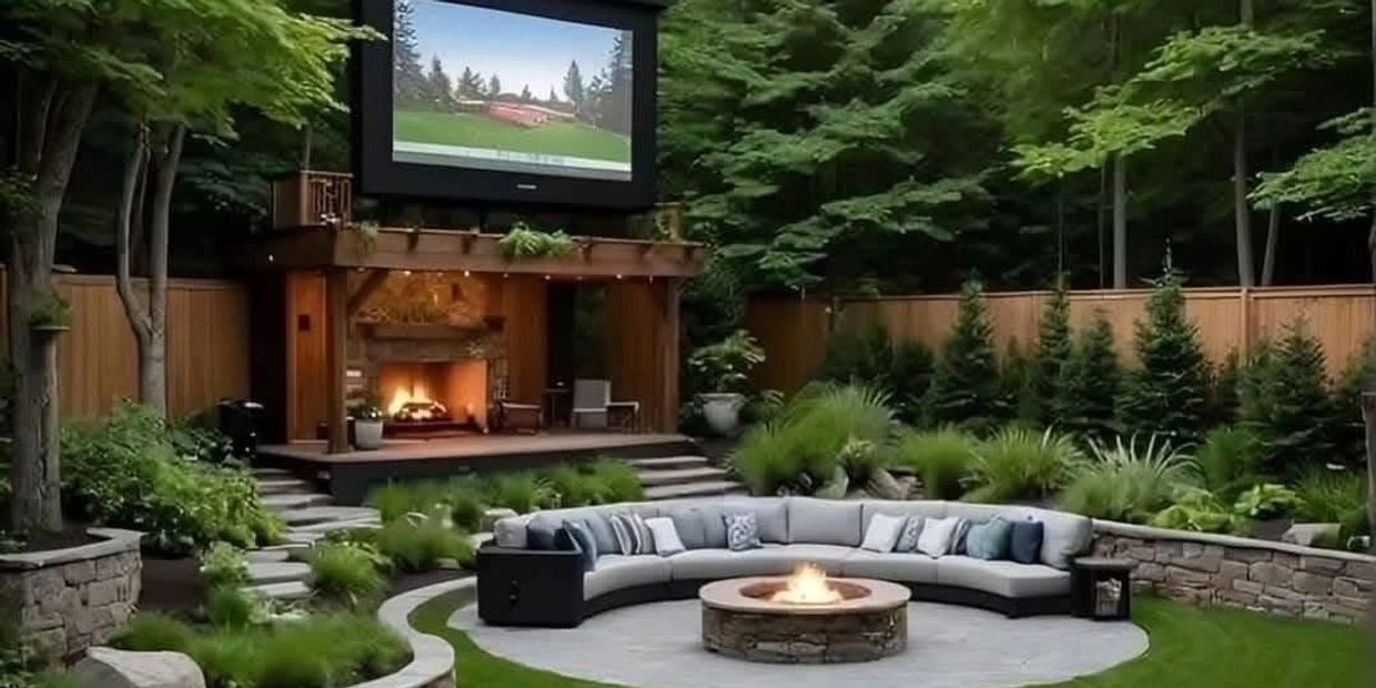 Outdoor living space with circular seating, fire pit, and large screen TV.