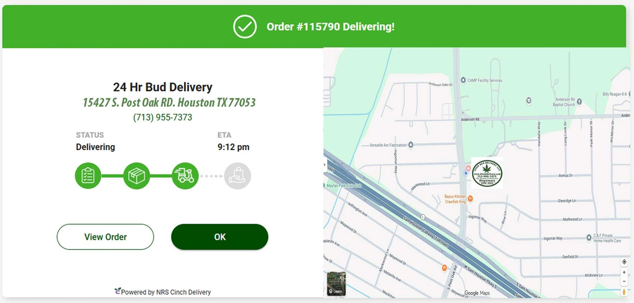 Order #115790 from 24 Hr Bud Delivery is out for delivery in Houston, TX.