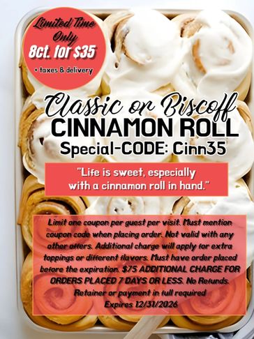 Discounted classic or Biscoff cinnamon rolls, 8 for $35 with code Cinn35.