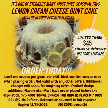 Lemon cream cheese bundt cake with glaze and lemon slices, available for $45 with coupon code.