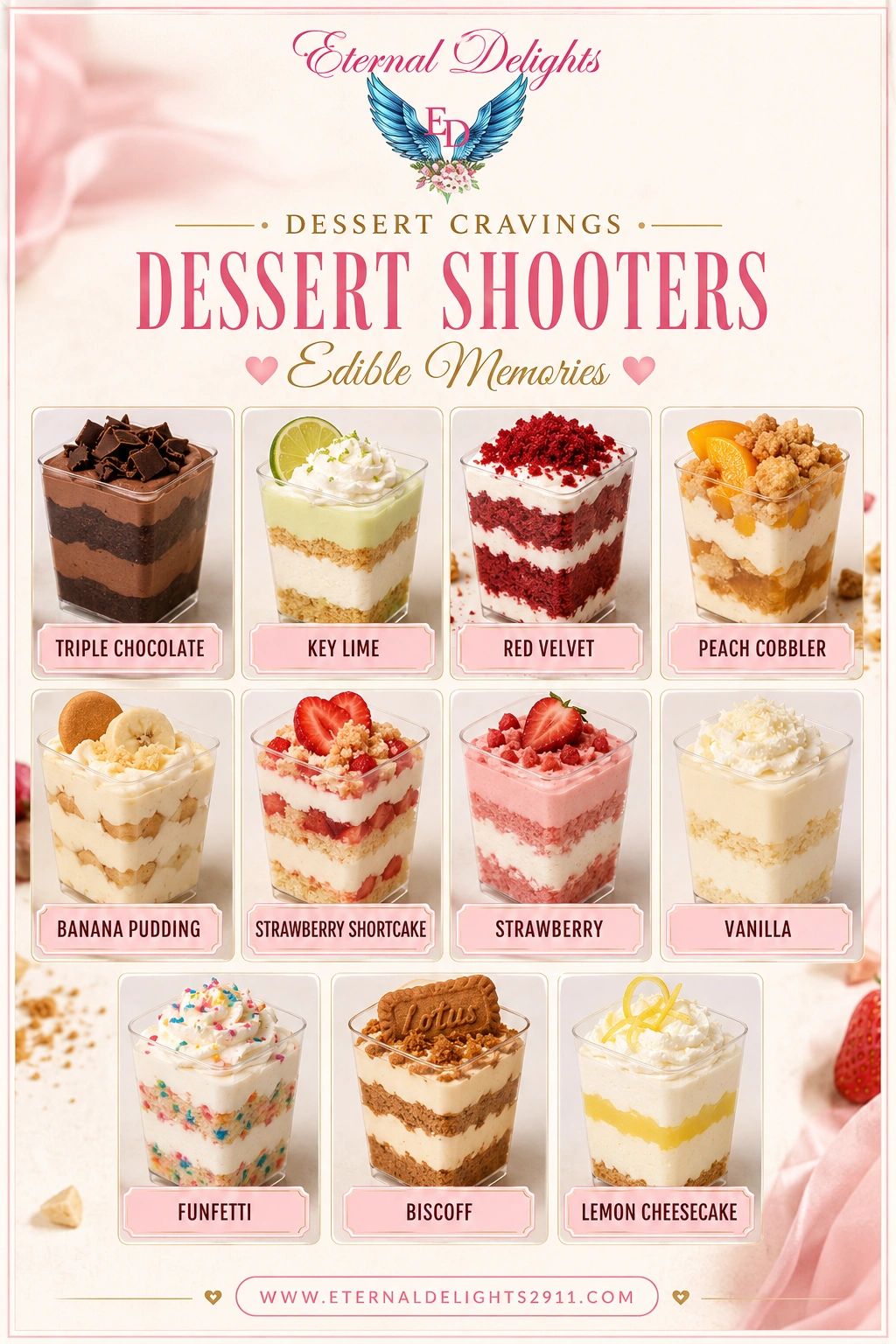 Colorful dessert shooters from Eternal Delights in various flavors.