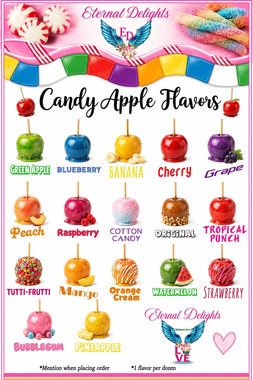 Colorful candy apples with 16 unique flavors from Eternal Delights.