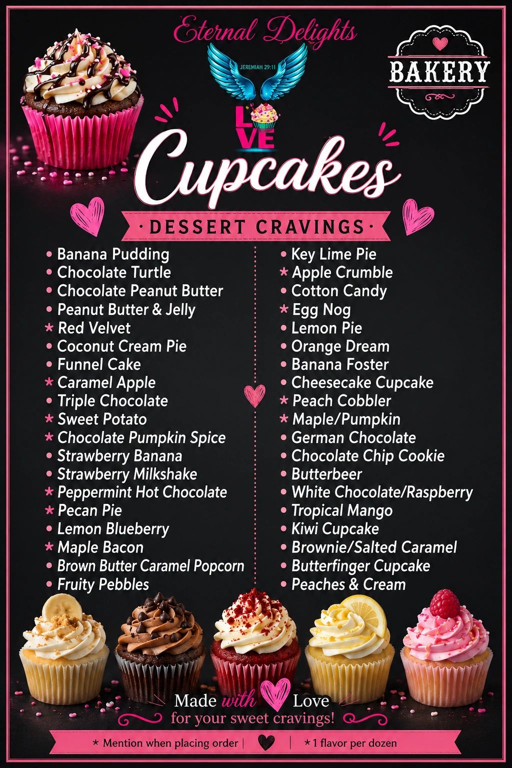 Menu of various cupcake flavors from Eternal Delights Bakery with colorful cupcake images.