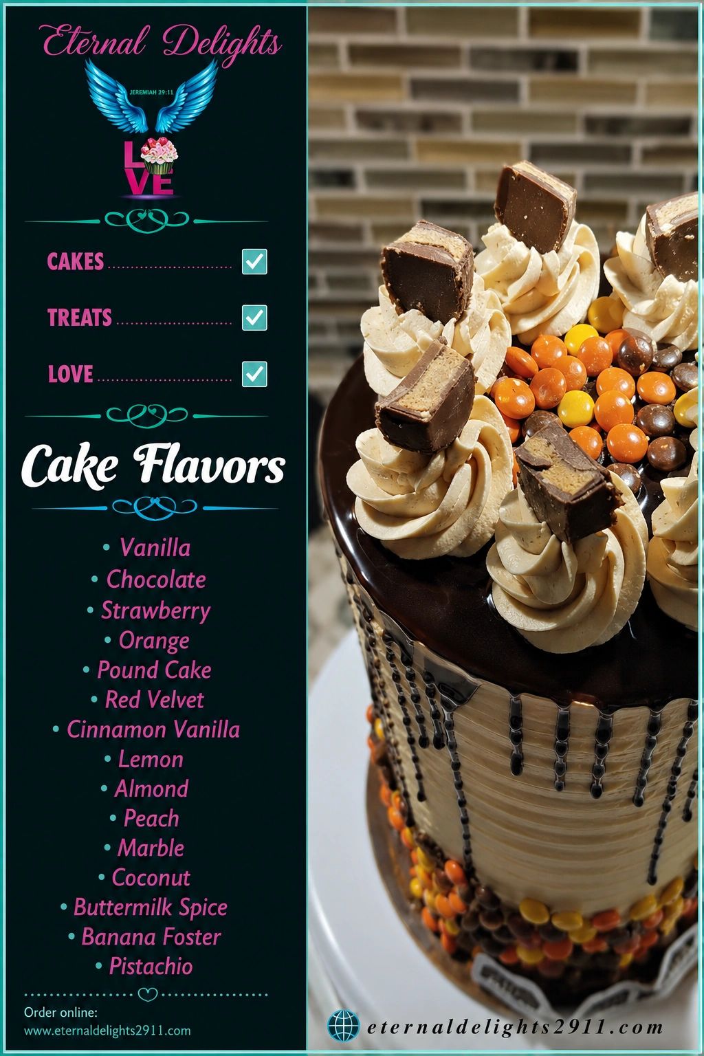 Elegant cake with chocolate decoration from Eternal Delights featuring multiple cake flavors.