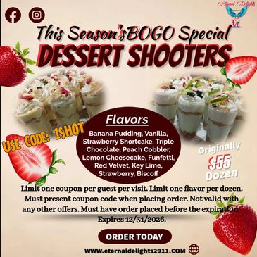 BOGO special on dessert shooters with various flavors, order by 12/31/2026.