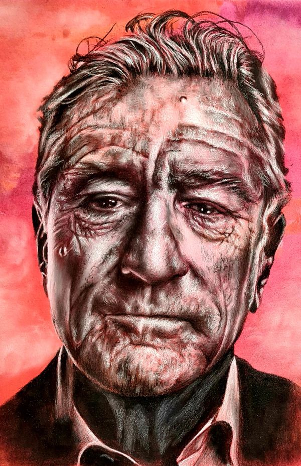 Robert De Niro drawn in Charcoal, on a watercolour toned colour base background.