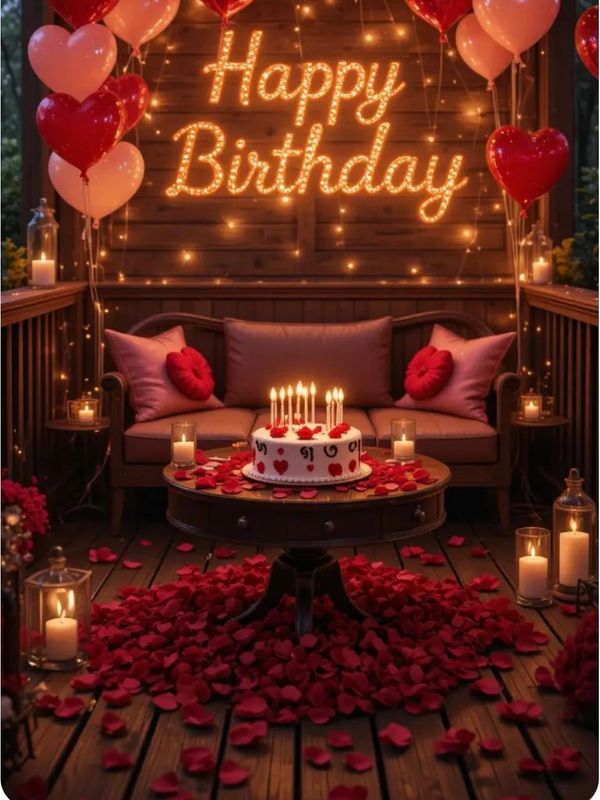 Romantic birthday setup with heart balloons and a cake surrounded by rose petals.