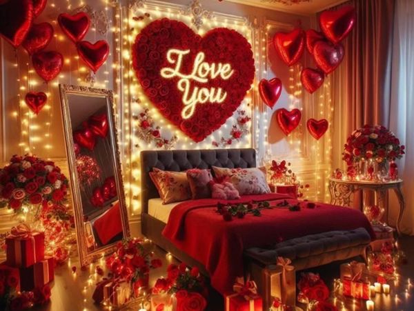 Romantic bedroom decorated with red roses, heart balloons, and fairy lights.