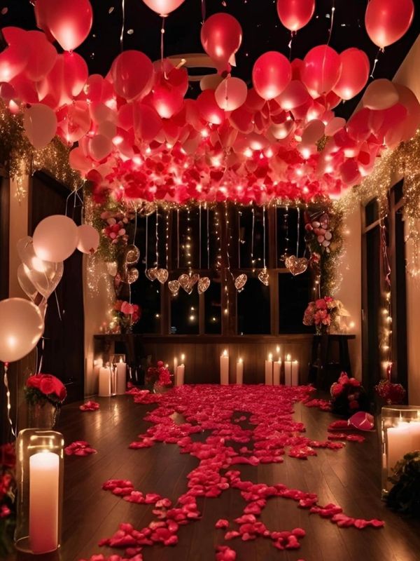 Romantic room decorated with red balloons, rose petals, and candles.