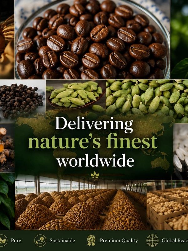 Various spices and natural products with the text 'Delivering nature's finest worldwide'.