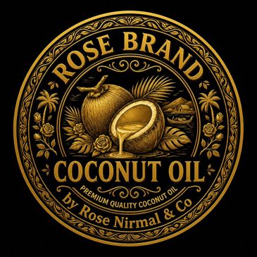 Vintage-style logo for Rose Brand Coconut Oil with coconut illustration and gold accents.