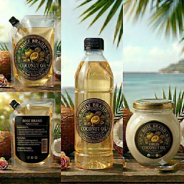 Various packaging of Rose Brand coconut oil displayed on a tropical beach background.