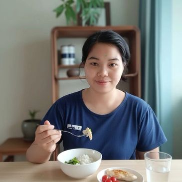 A woman enjoying a healthy meal at home.