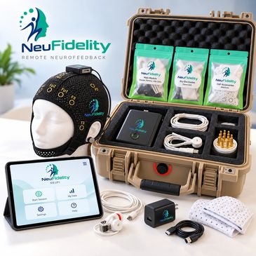 NeuFidelity remote neurofeedback kit with EEG cap, tablet and supplies in a carrying case