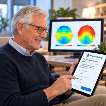 Older man reviewing his EEG brain map results on a tablet