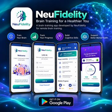 NEUFI mobile app screens showing neurofeedback training, progress tracking and brain health tools
