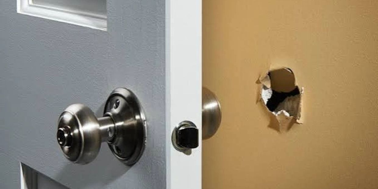 Door with a hole punched through it.
