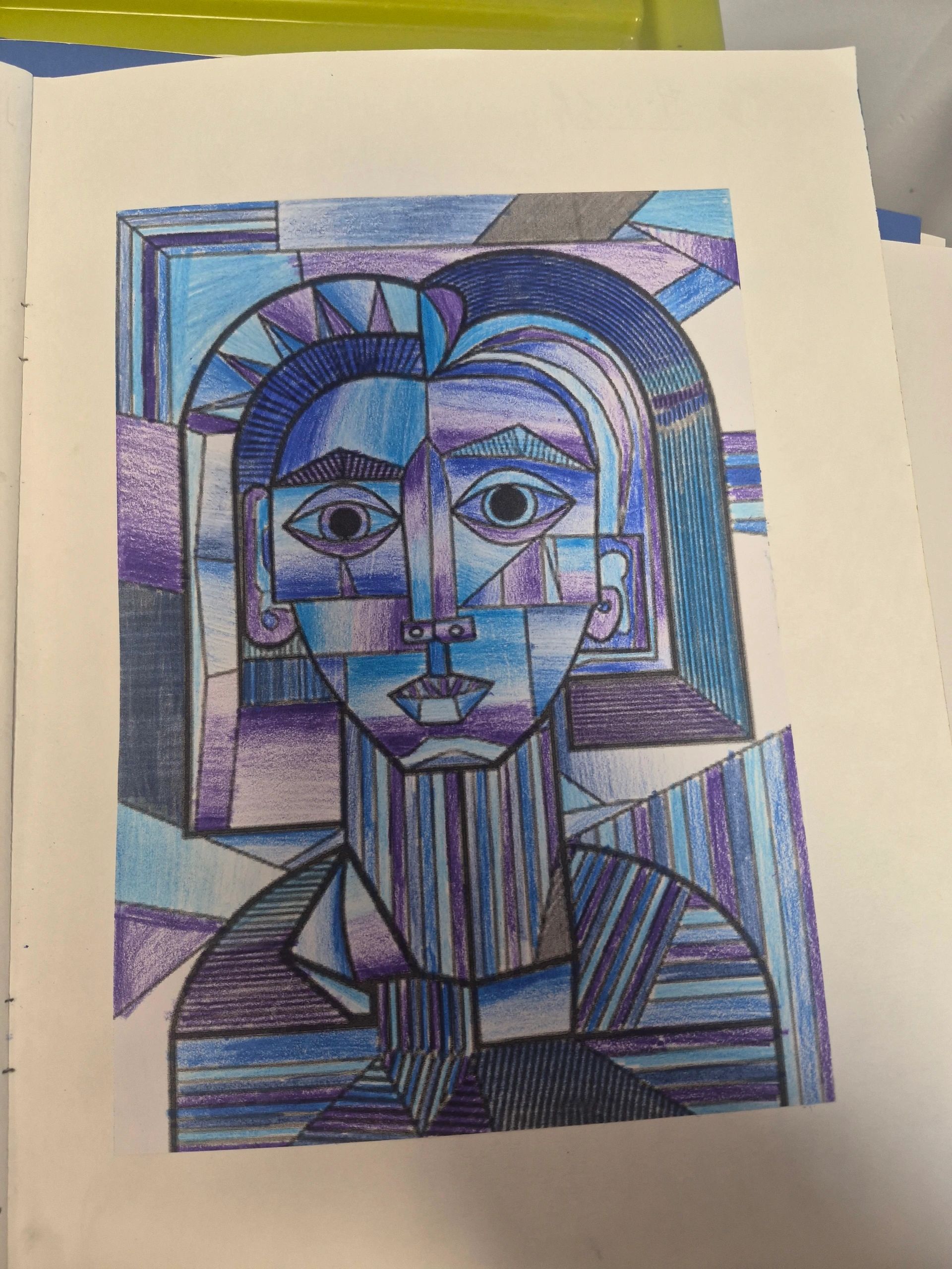 Cubist-style portrait in shades of blue and purple.