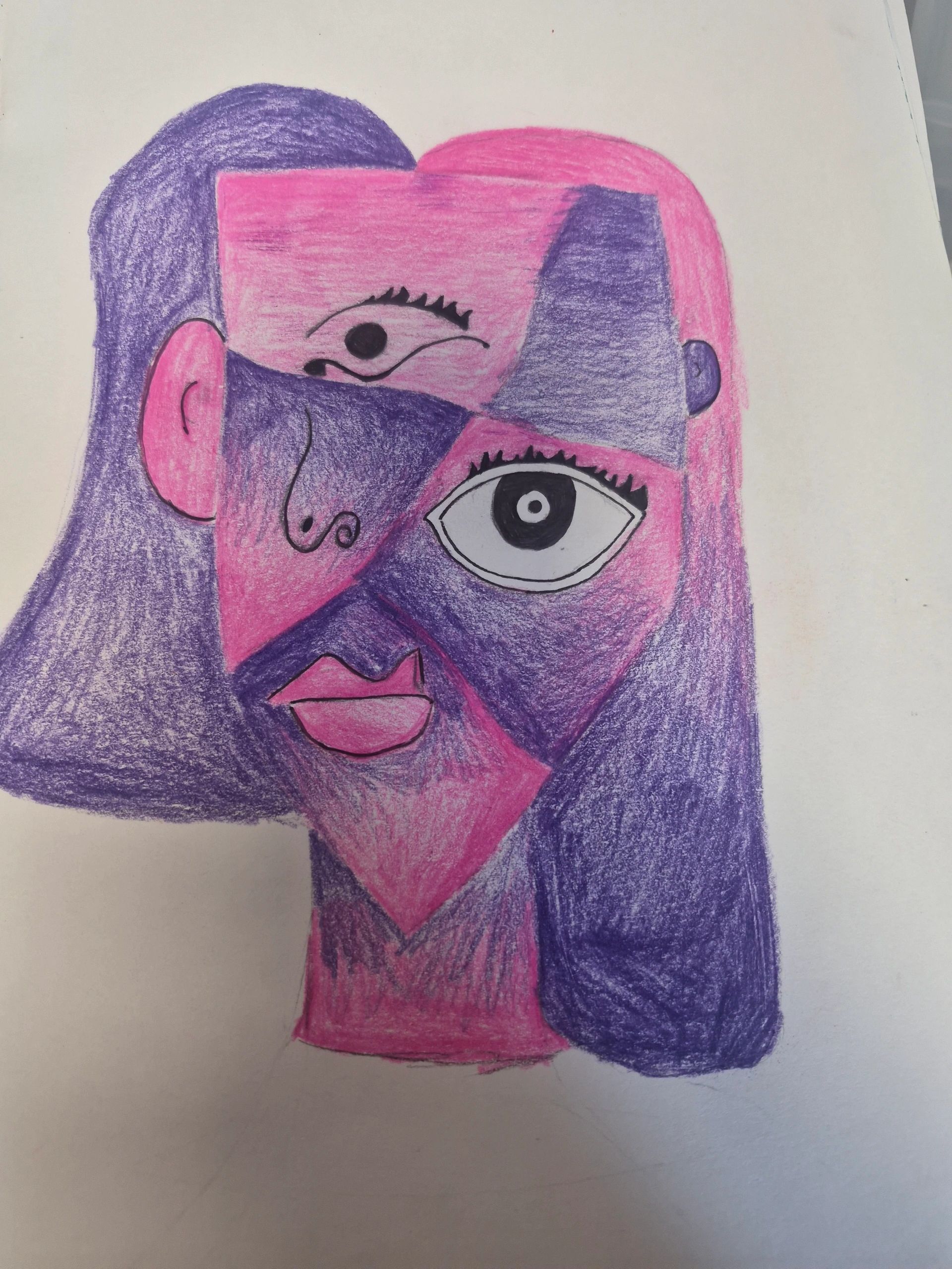 Abstract cubist-style face in pink and purple hues with exaggerated features.