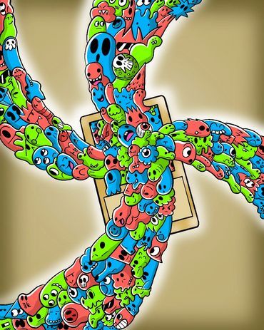 Colorful cartoon monster shapes forming a twisted pattern around a smartphone.