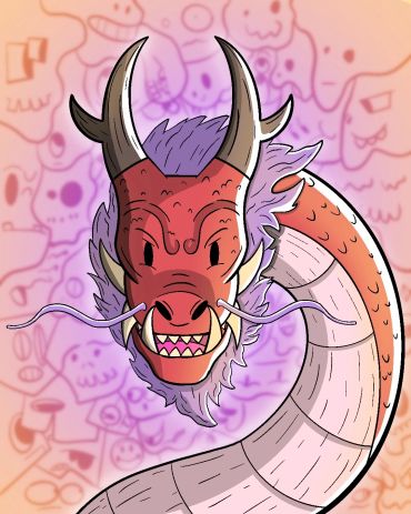 A fierce red dragon with horns and whiskers against a pastel background.