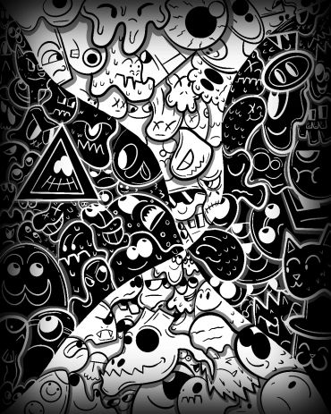 Black and white doodle art filled with quirky faces and abstract shapes.