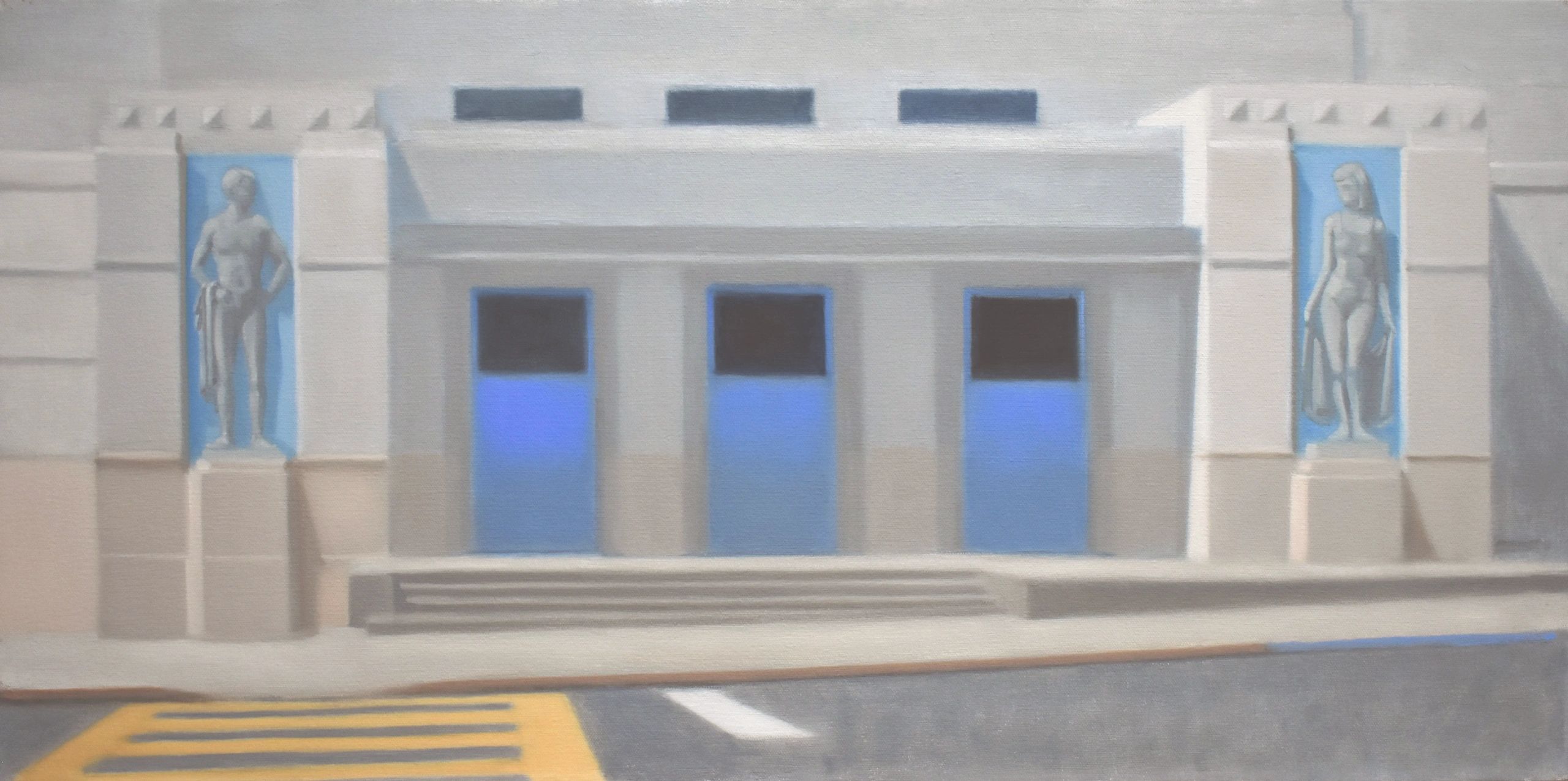 Original oil painting of the Uhro Saari Swim Stadium, "Ultramarine" by Curtis Green. Copyright 2024 