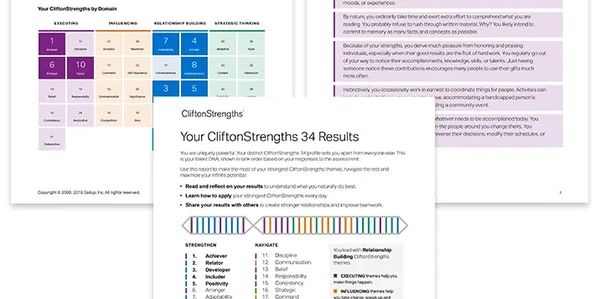CliftonStrengths 34 results with domains and descriptions for personal strengths.