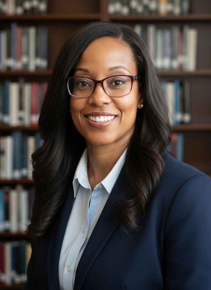 Dr. Shondrea Harroon, PhD, career and leadership coach, smiling in front of a bookshelf. Navy blazer