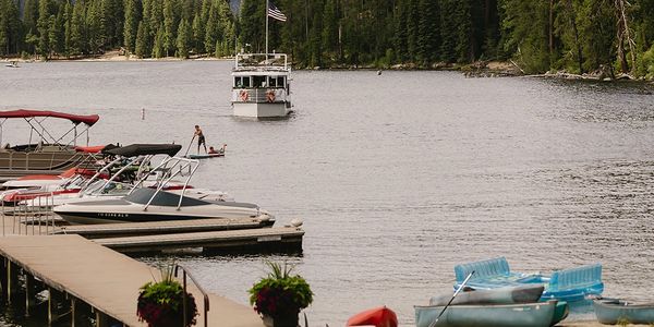Boats docked on a lake surrounded by trees.