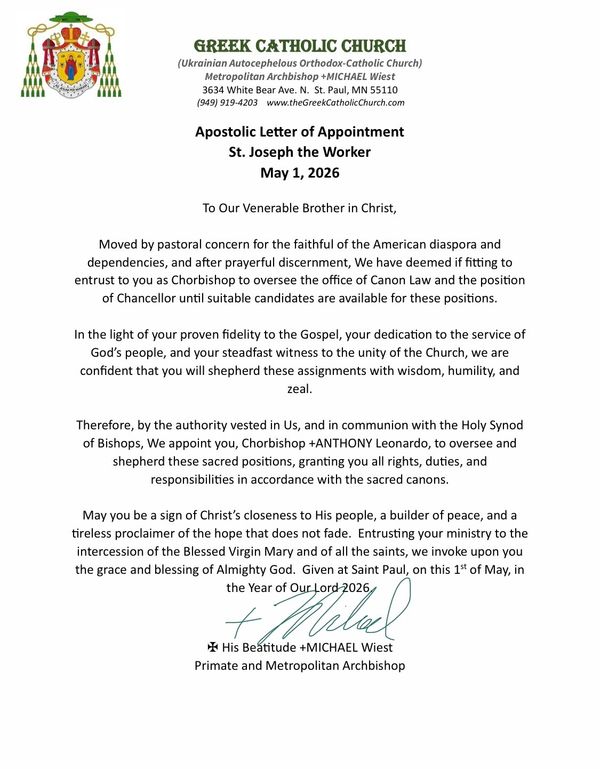 Official Apostolic Letter appointing Archbishop Michael Wiest as Chorbishop for St. Joseph the Worker.