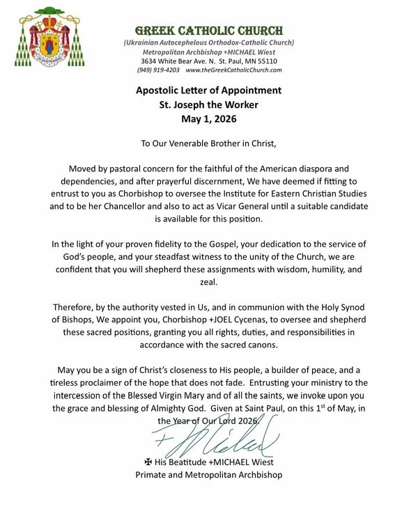 Official Apostolic Letter appointing Joel Cycenas as Archbishop for Eastern Christian Studies.