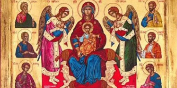 Religious icon depicting the Virgin Mary with child and surrounding saints and angels.