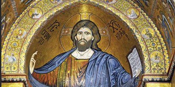 Mosaic of Jesus Christ in Byzantine style with gold background.