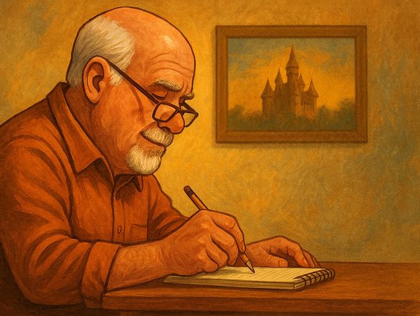 Elderly man writing in a notebook with a castle painting in the background.