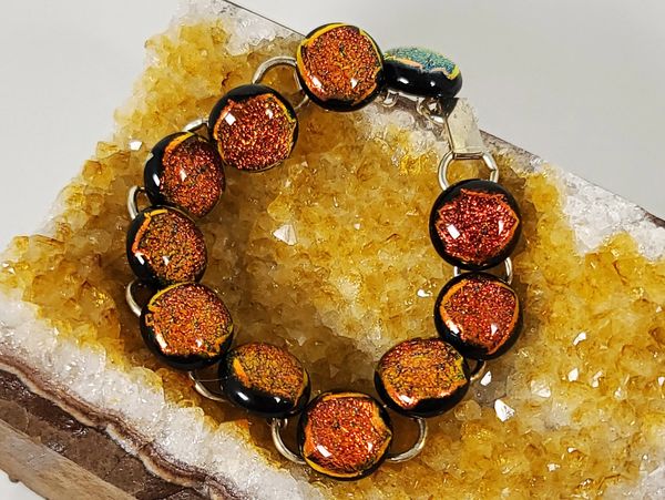 Fused Orange Dichroic Glass and Sterling Silver Link Bracelet. Art Jewelry by Kim A. Bailey
