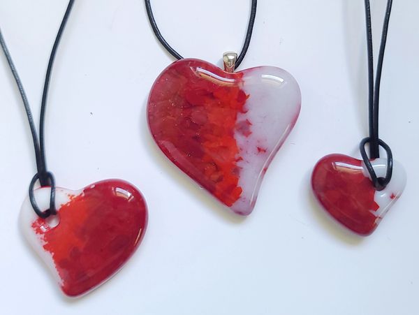 Red and White Fused Glass Heart Necklaces, Art Jewelry by Kim A. Bailey