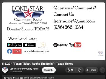 Lone Star Community Radio promo with contact info and streaming options.