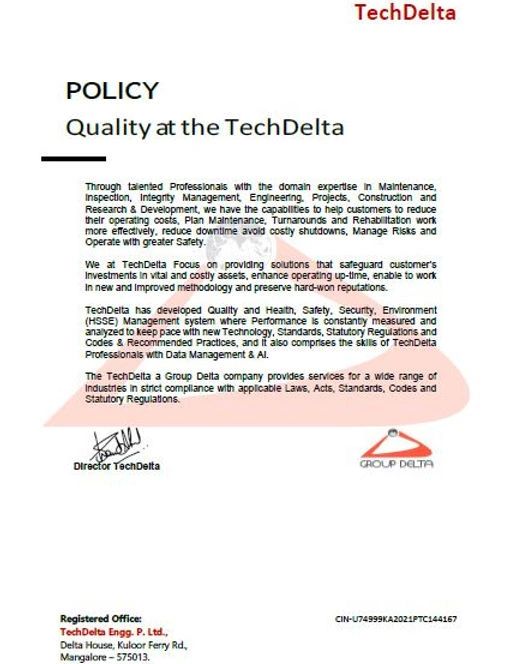 Quality Policy of Tech Delta Engineering