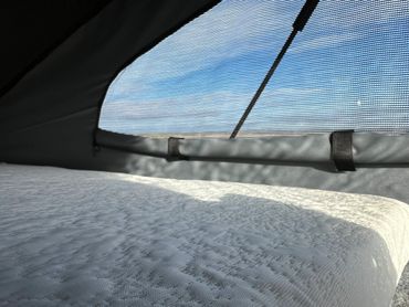 Campervan mattresses. Grey canvas Westdubs elevating roof. 