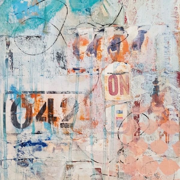 Abstract mixed-media artwork with numbers, letters, and colorful textures.