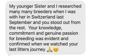 A heartfelt message praising a breeder's knowledge and passion.