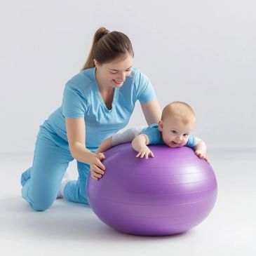 A woman helps a baby balance on a purple exercise ball.