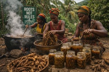 Three women prepare and jar roots in an outdoor setting with a sign reading 'Roots Not Rules'.